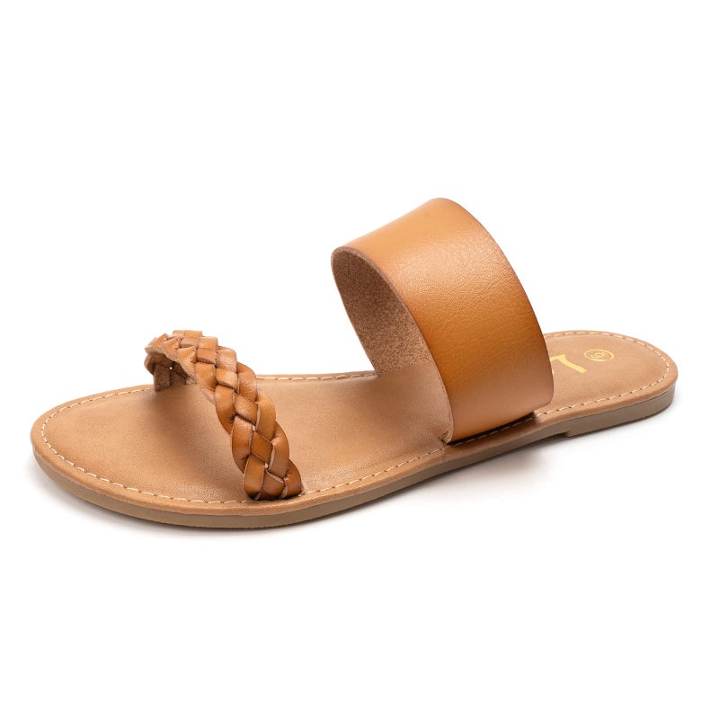 LM Women's Braided Slide Sandals Open Toe Two Strap Slip On Flat Sandals Casual Summer Shoes (7, Brown) - Image 1